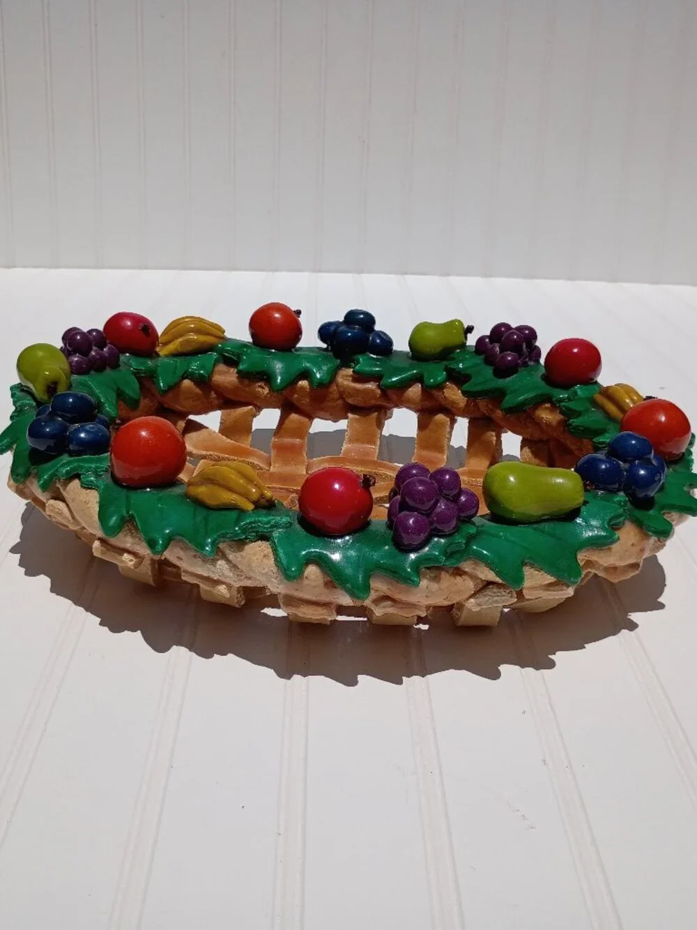 Vintage Salt Bread Dough Fruit Basket Woven Folk Art Centerpiece Bowl Handmade